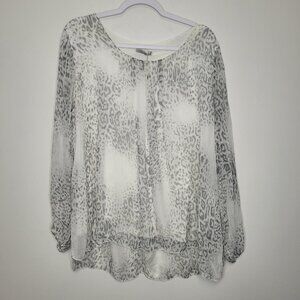 Elena Baldi silk gray white snow leopard animal print pull over top size 1x NWT